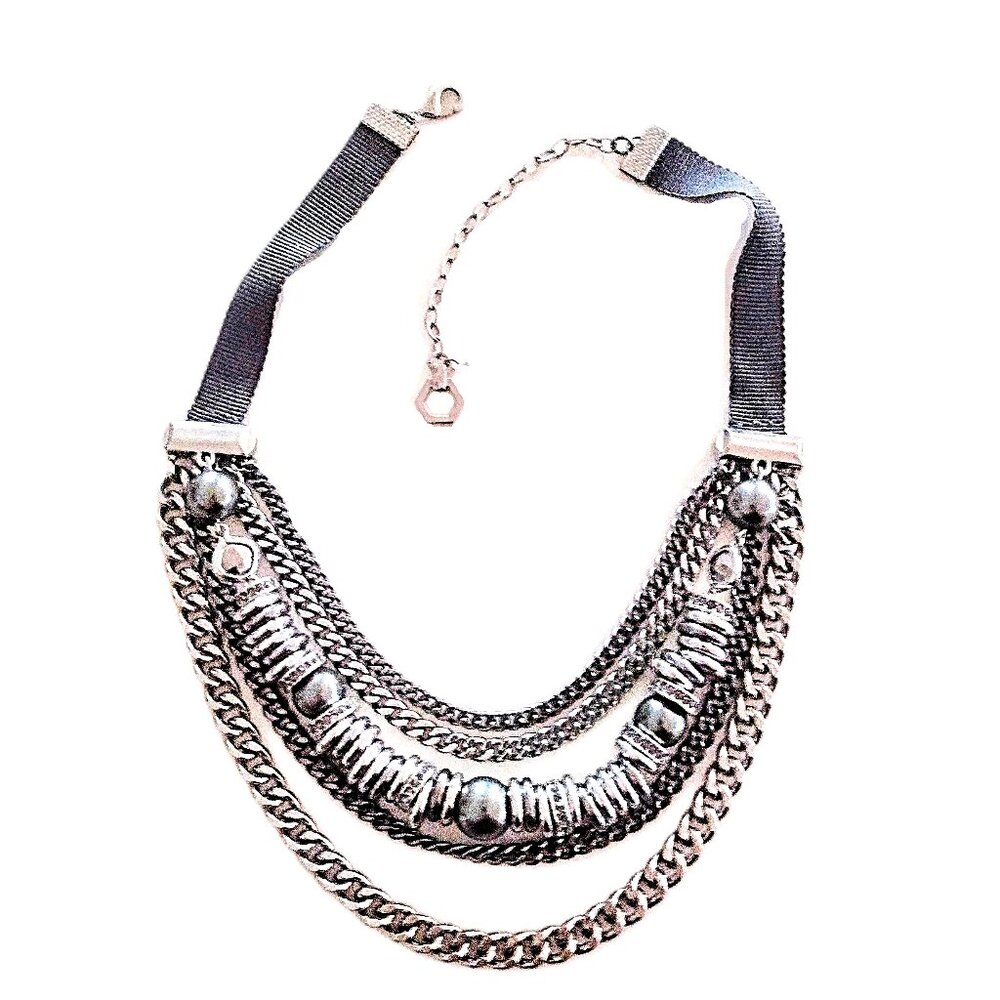 Stainless Steel Multi Chain, Ring & Bead 16-19" Necklace ~ Varied Silver Tones!
